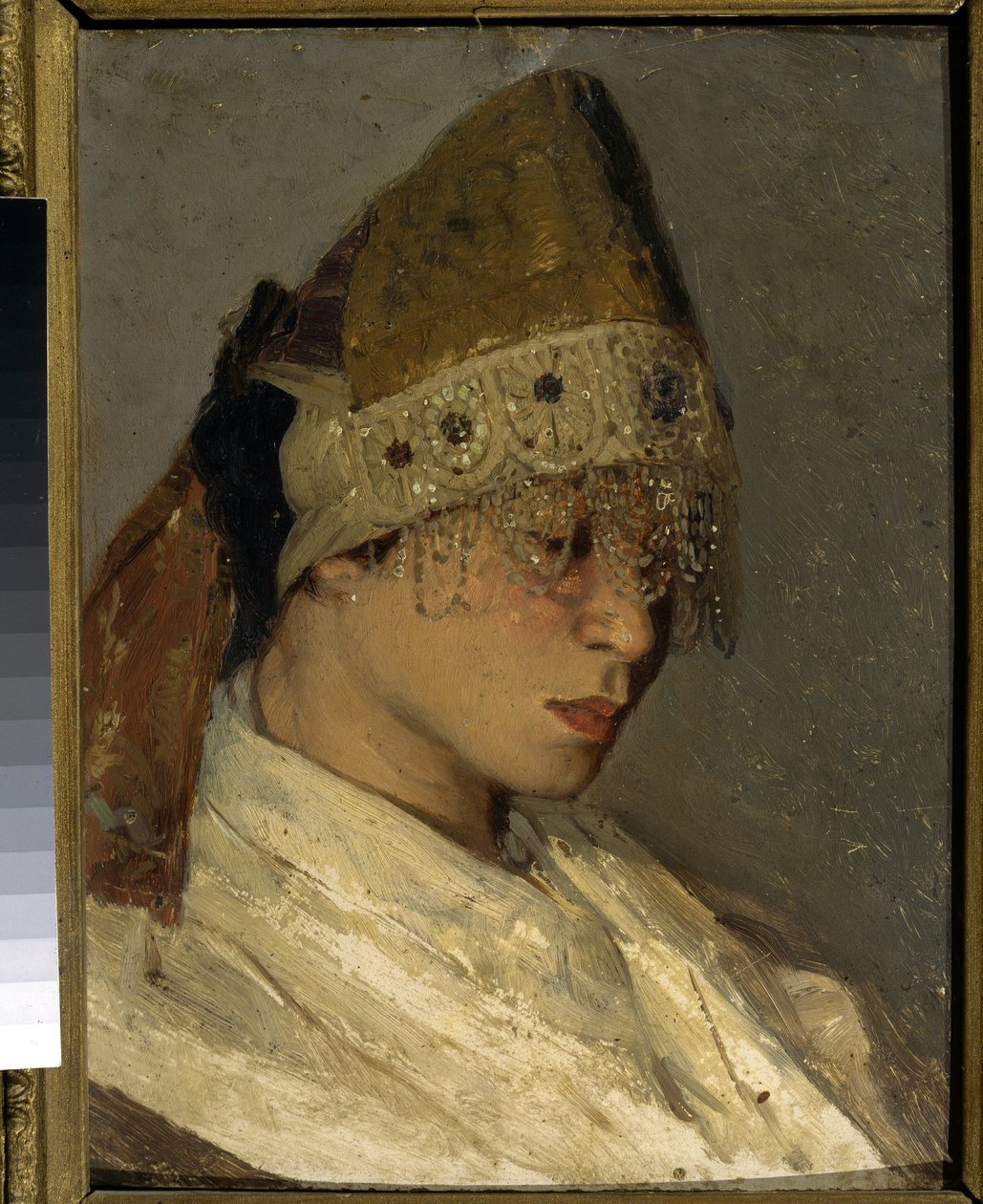 Uma rapariga usando uma Kokochnik (Uma rapariga com Kokoshnik). Cabeleireiro alto tradicional das mulheres russas, amarrado atrás com fitas, a frente é decorada com missangas e bordados. Pintura de Mikhail Vasilyevich Nesterov (1862-1942), óleo sobre madei de Mikhail Vasilievich Nesterov