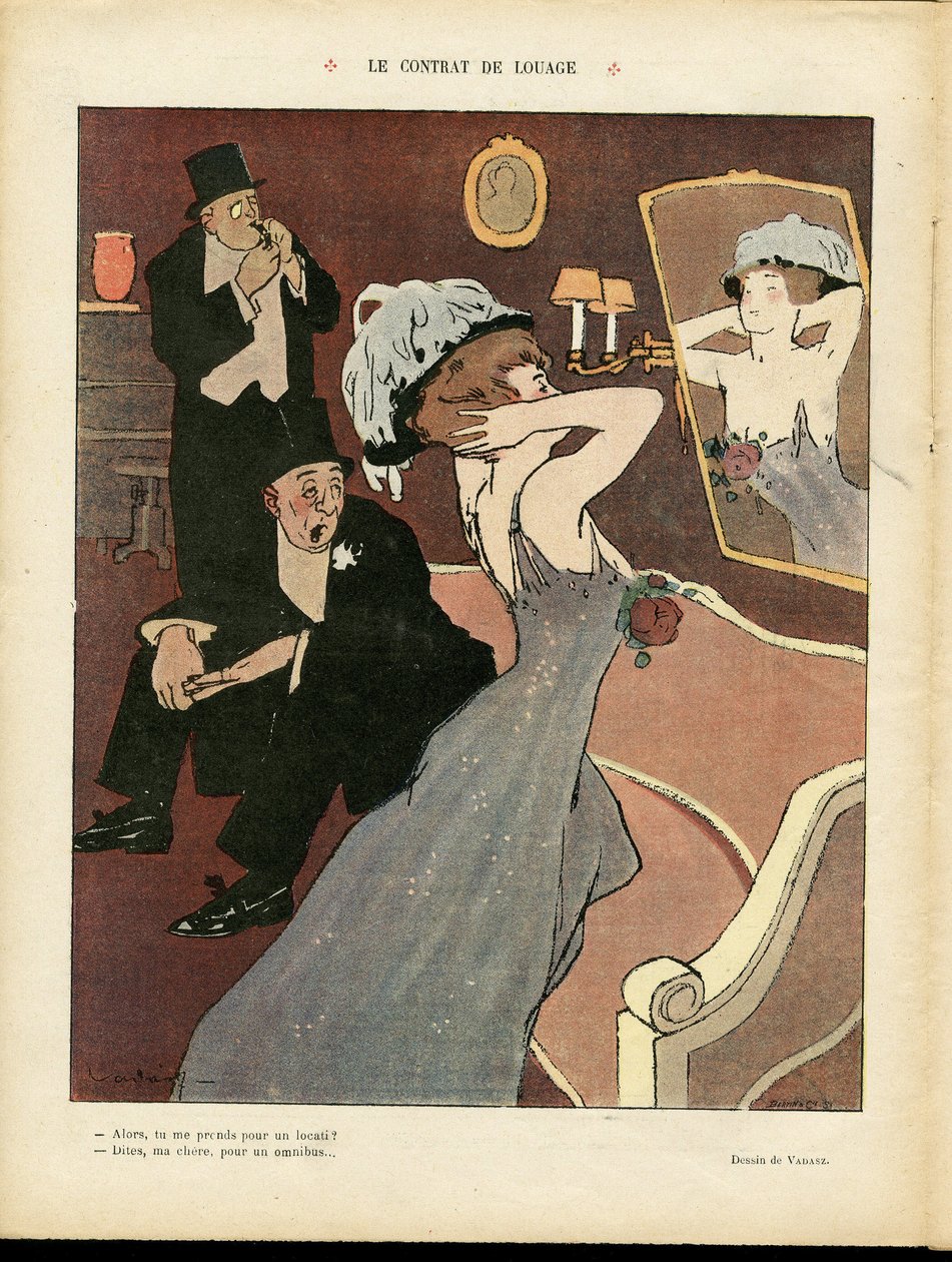 Ilustração de Miklos Vadasz (1884-1927) em Le Rire, 07/03/08 - O contrato de aluguer - Prostituição, Arquitectura interna de Miklós Vadász