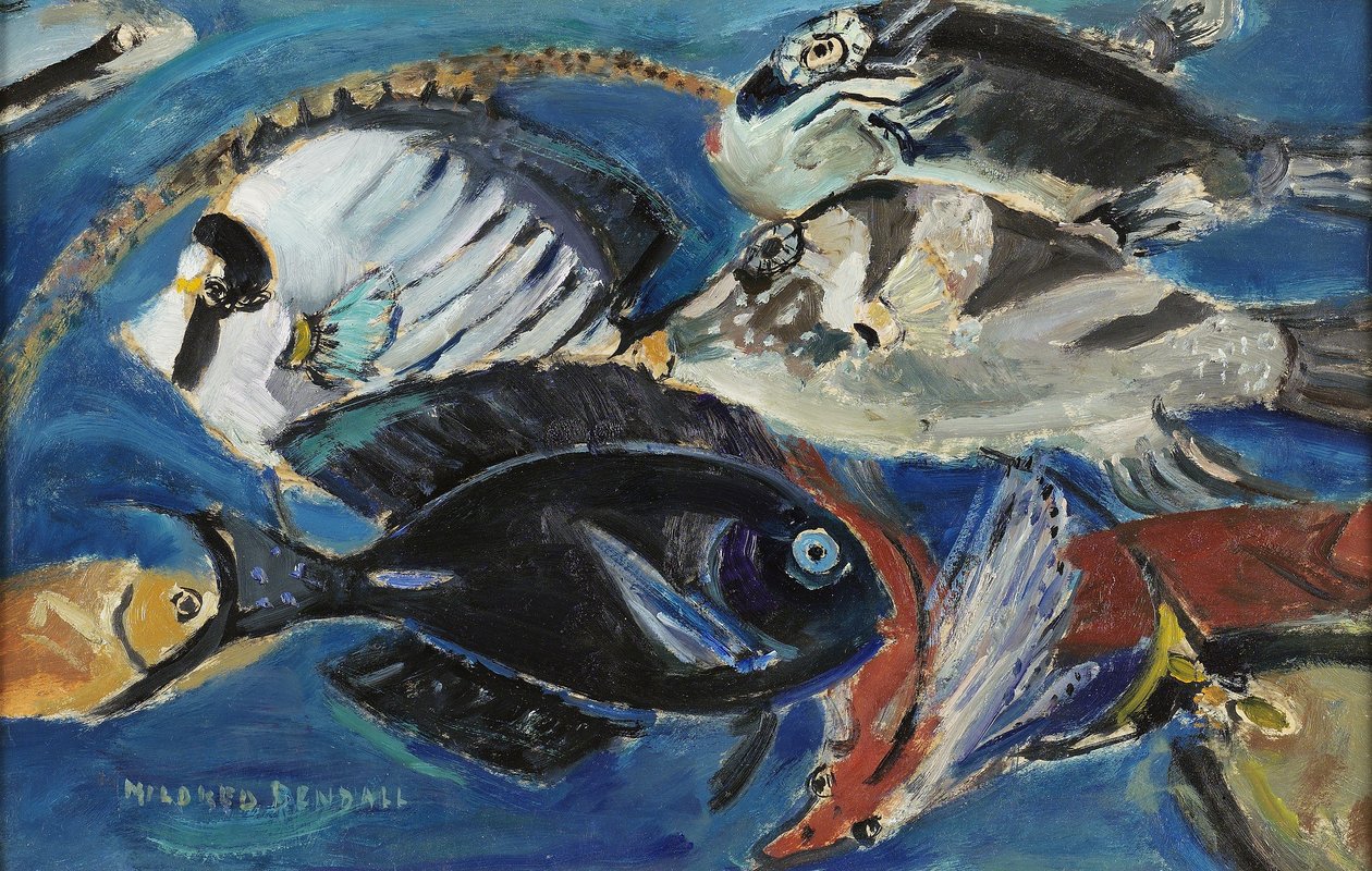 Poissons, c.1950 (óleo sobre papel colocado no painel) de Mildred Bendall
