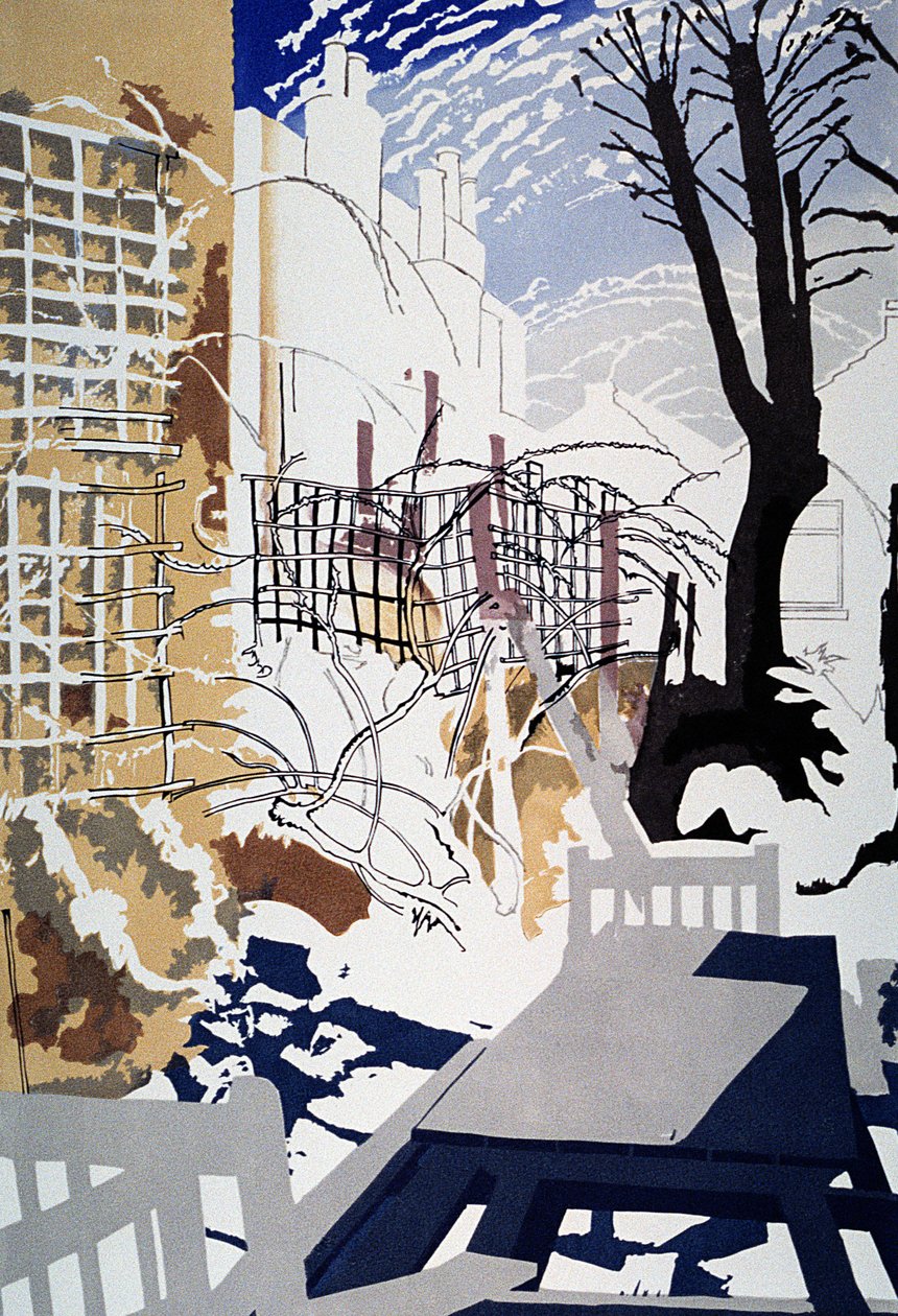 Stark Winter Back-Garden, 1993 (linogravura colorida) de Miles Contemporary Artist Thistlethwaite