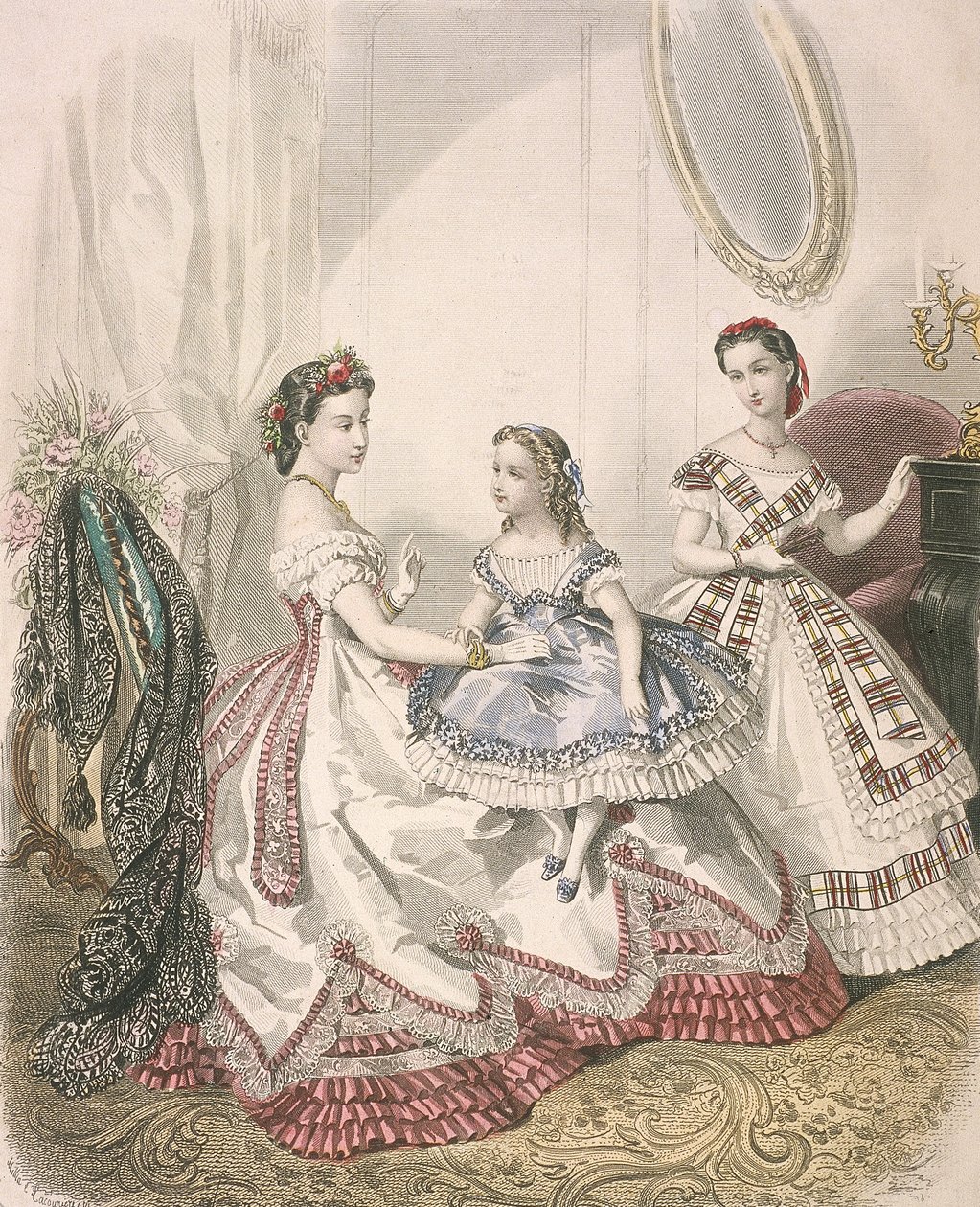 Duas mulheres e uma garotinha vestindo as últimas modas internas, c1860 de Millia Lacouriere
