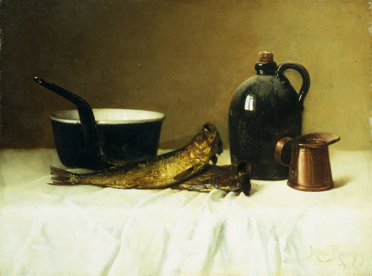 Natureza morta com arenque, panela, jarro e medida, 1908 de Milne Ramsey