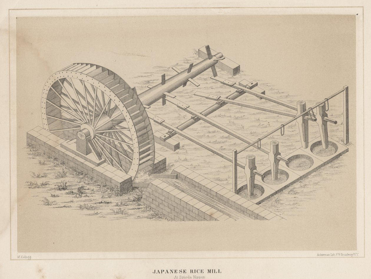 Moinho de Arroz Japonês na Simoda Nippon, 1855 de Miner Kilbourne Kellogg