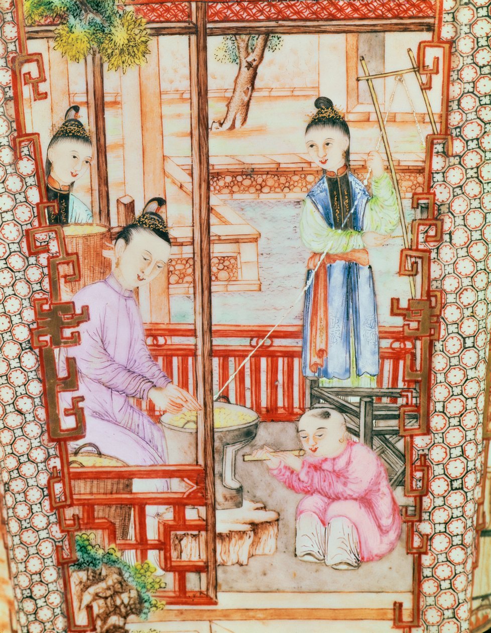 Detalhe, de, um, vaso, descrevendo, mulheres, girar, seda de Ming Dynasty Chinese School