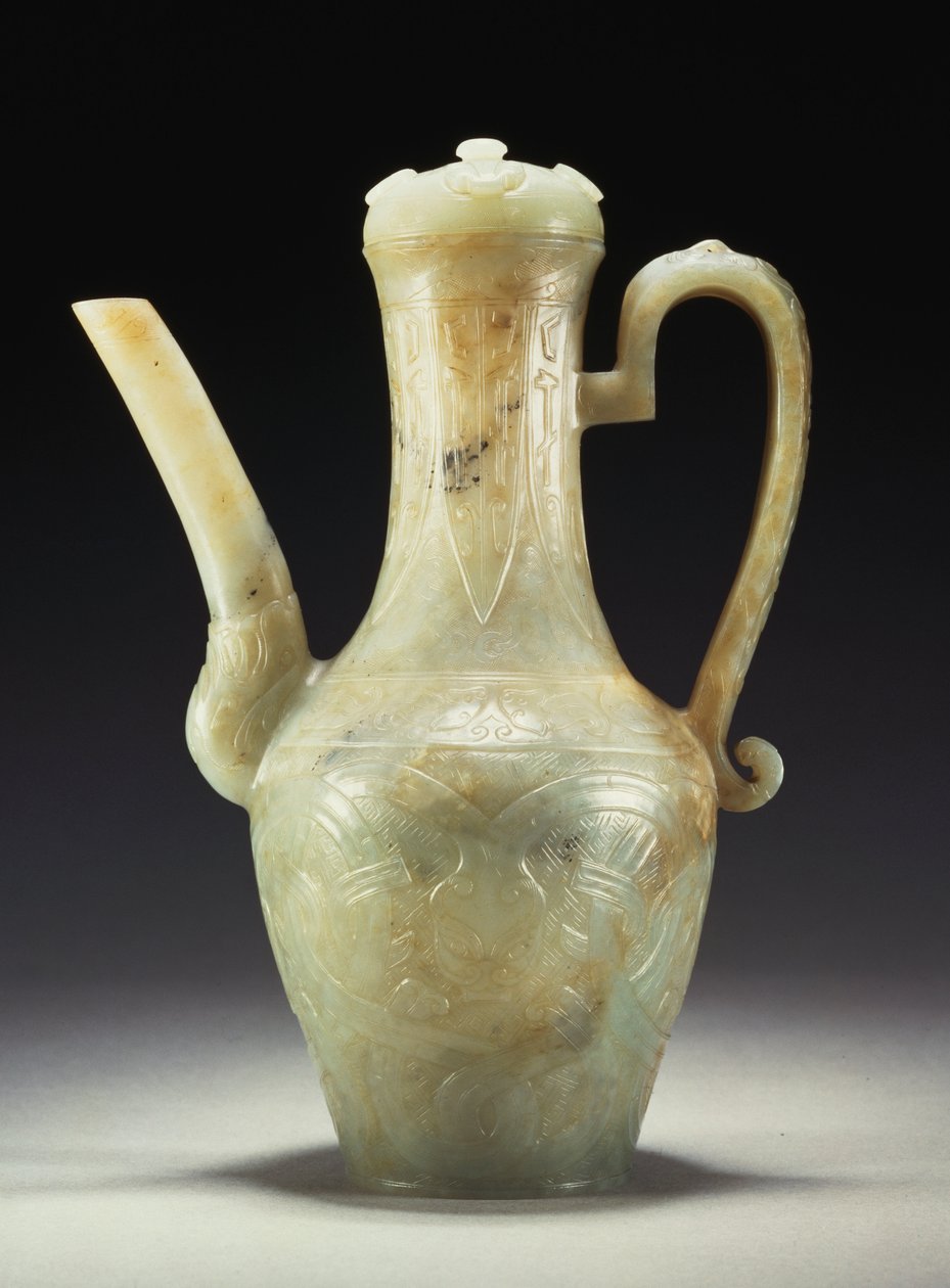Uma jarra e tampa de jade celadon tardia Ming (jade) de Ming Dynasty Chinese School