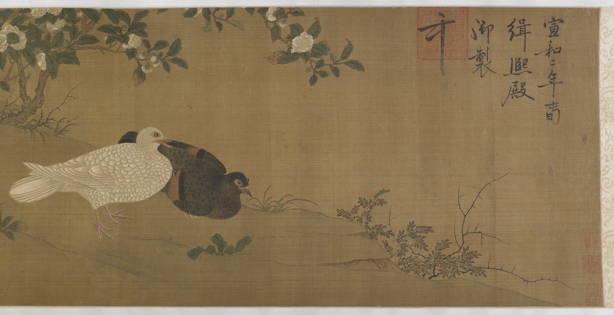 Camelias, pombos e pássaros cantores de Ming Dynasty Chinese School