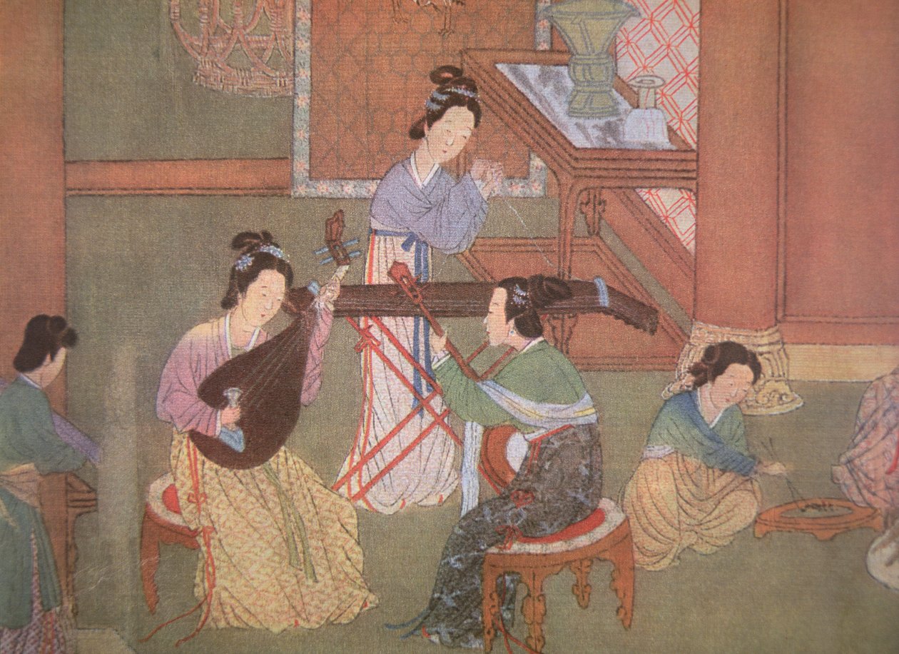 Alaúde chinês, guitarra lunar e cítara de mesa (pintura em seda) de Ming Dynasty Chinese School