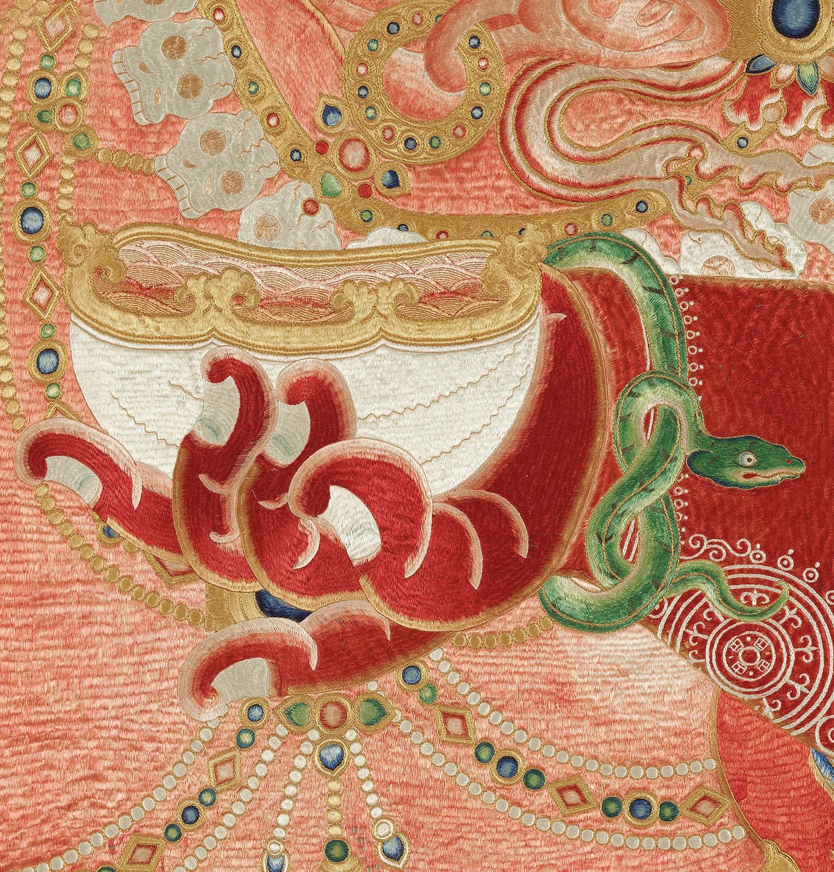 Pormenor da Thangka de seda imperial bordada de Ming Dynasty Chinese School