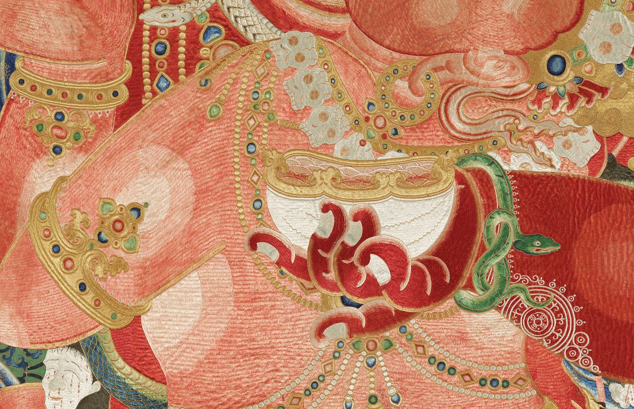 Pormenor da Thangka de seda imperial bordada de Ming Dynasty Chinese School