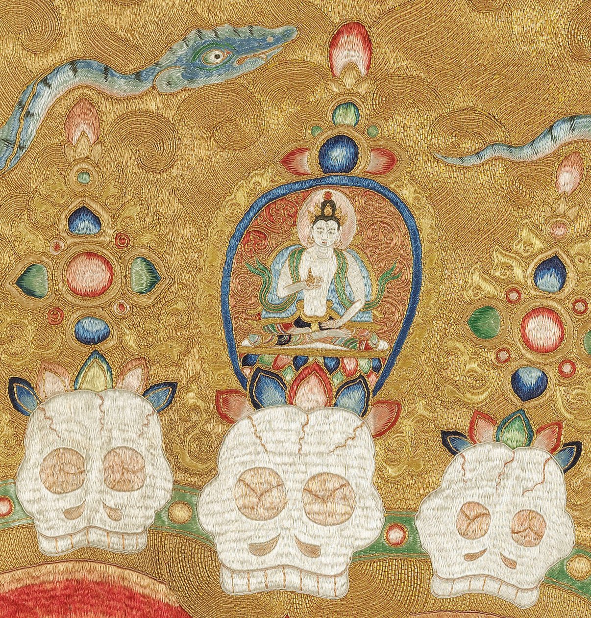 Pormenor da Thangka de seda imperial bordada de Ming Dynasty Chinese School