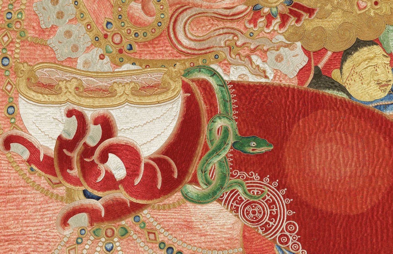 Pormenor da Thangka de seda imperial bordada de Ming Dynasty Chinese School