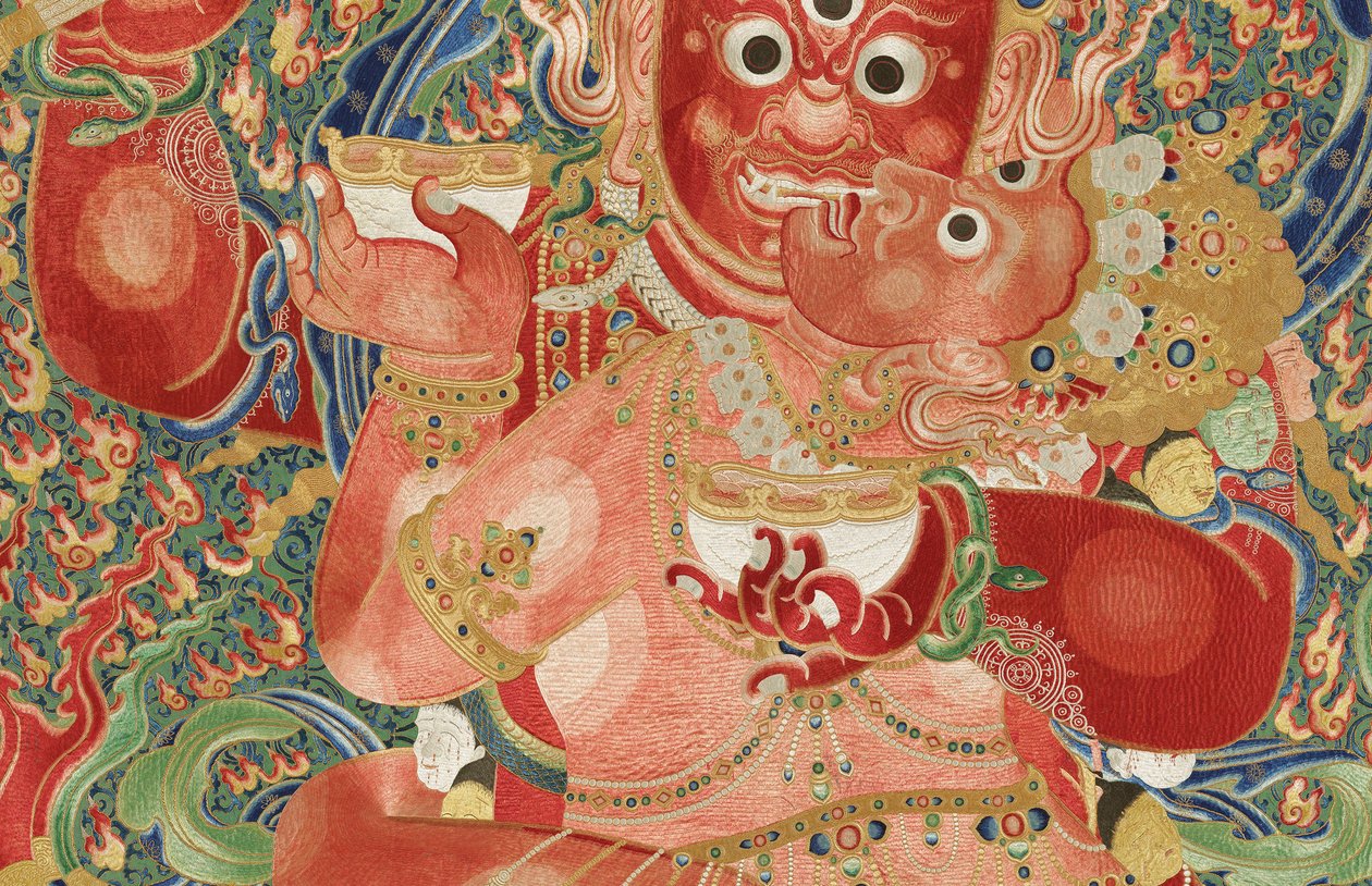 Pormenor da Thangka de seda imperial bordada de Ming Dynasty Chinese School
