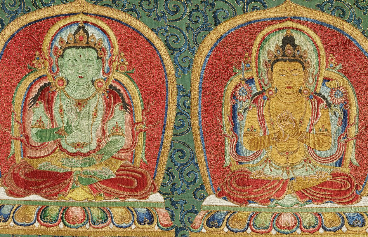 Pormenor da Thangka de seda imperial bordada de Ming Dynasty Chinese School