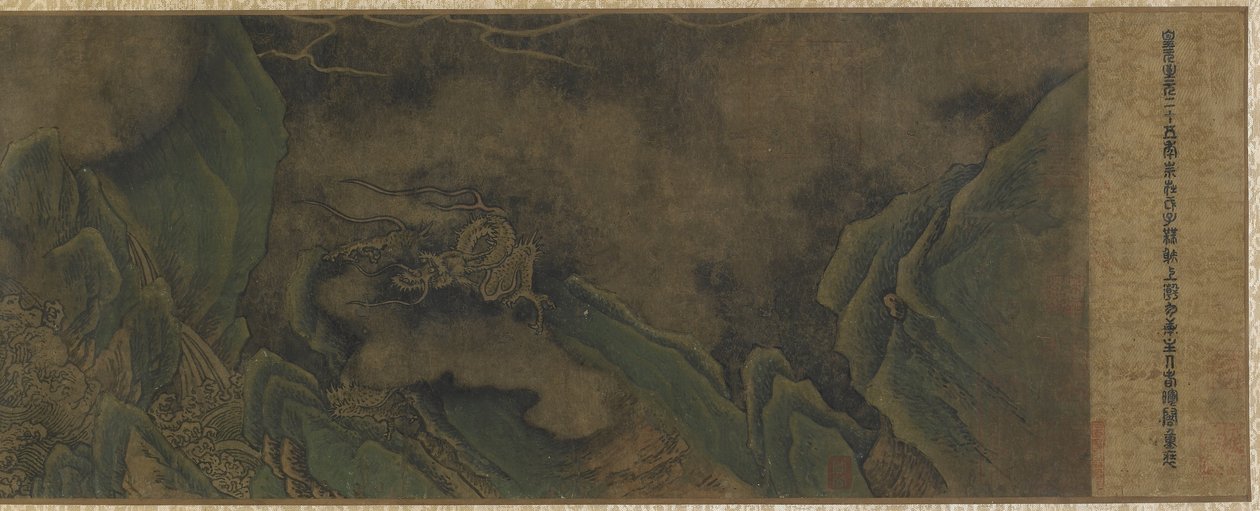 Dragões nas nuvens e nas águas (tinta e cor no papel) de Ming Dynasty Chinese School