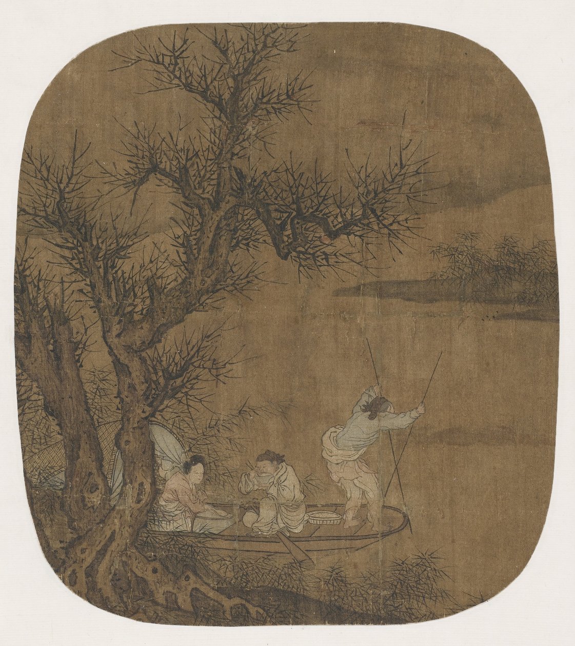 Desfrutar de uma refeição a bordo de um barco, do século XVI ao XVII (cor de tinta e seda) de Ming Dynasty Chinese School