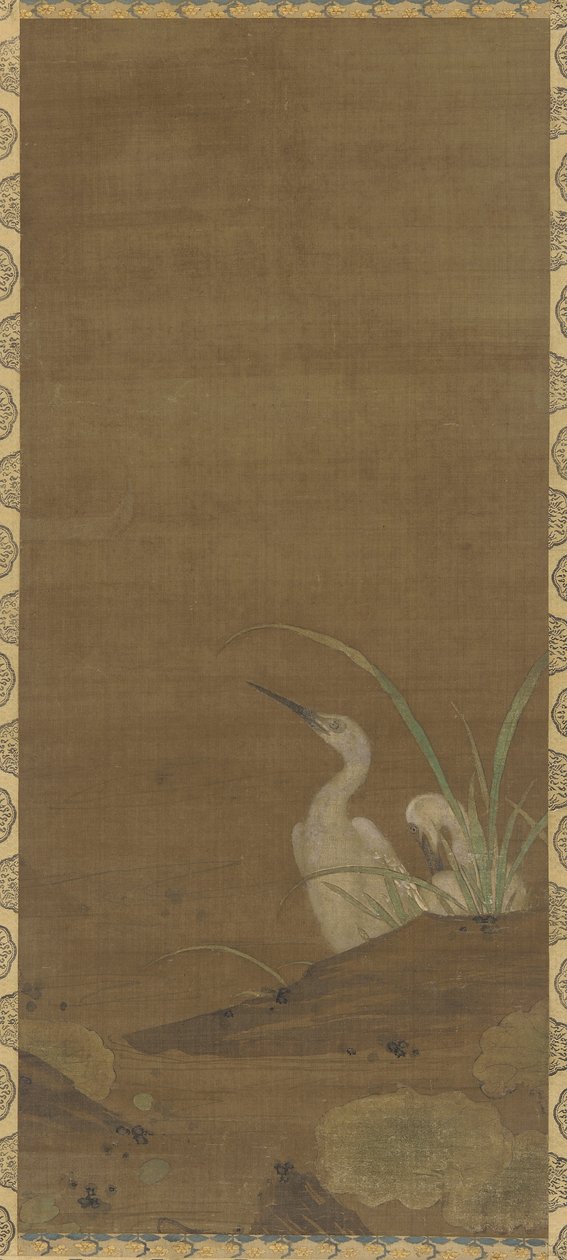 Garças e Plantas Aquáticas (tinta e cor na seda) de Ming Dynasty Chinese School