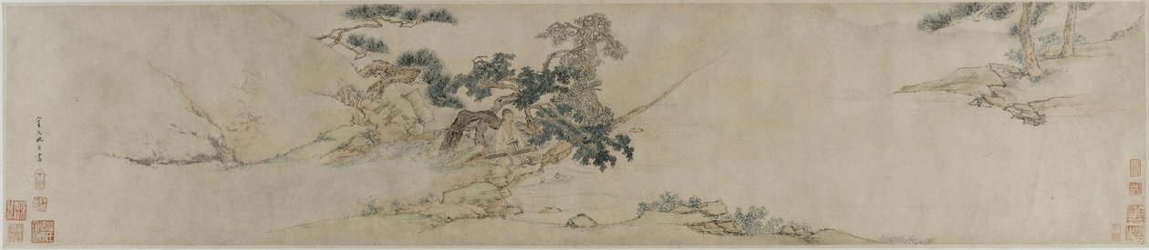 Jogando a cítara debaixo de um pinheiro, do final do século 16 ao início do século 17 (tinta e cor no papel) de Ming Dynasty Chinese School