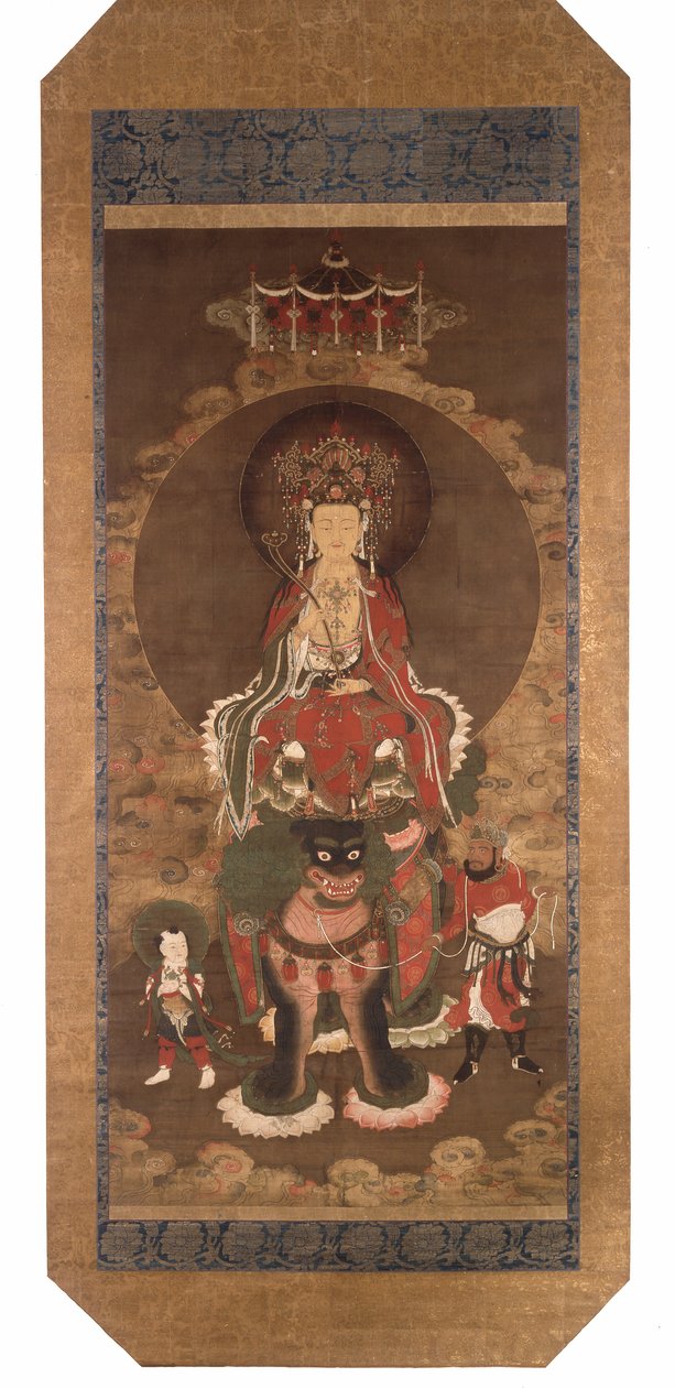 O Bodhisattva Mañjusrî sobre um leão, finais do século XIV (tinta, cor e pigmento dourado sobre seda) de Ming Dynasty Chinese School