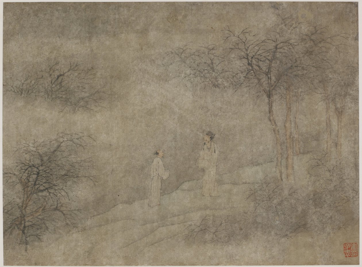 Dois homens, andar, em, bosque enevoado, (ink, e, cor, ligado, paper) de Ming Dynasty Chinese School