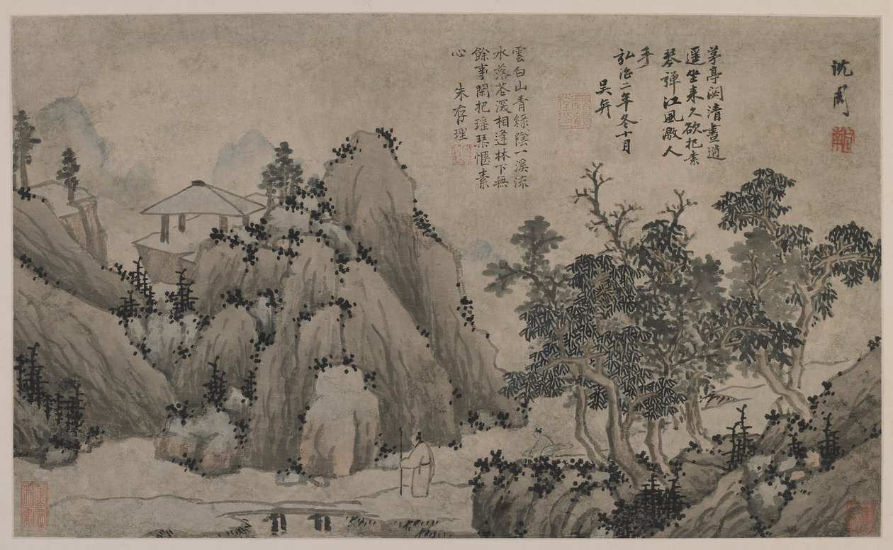 Andando por um córrego da montanha (tinta e cor no papel) de Ming Dynasty Chinese School