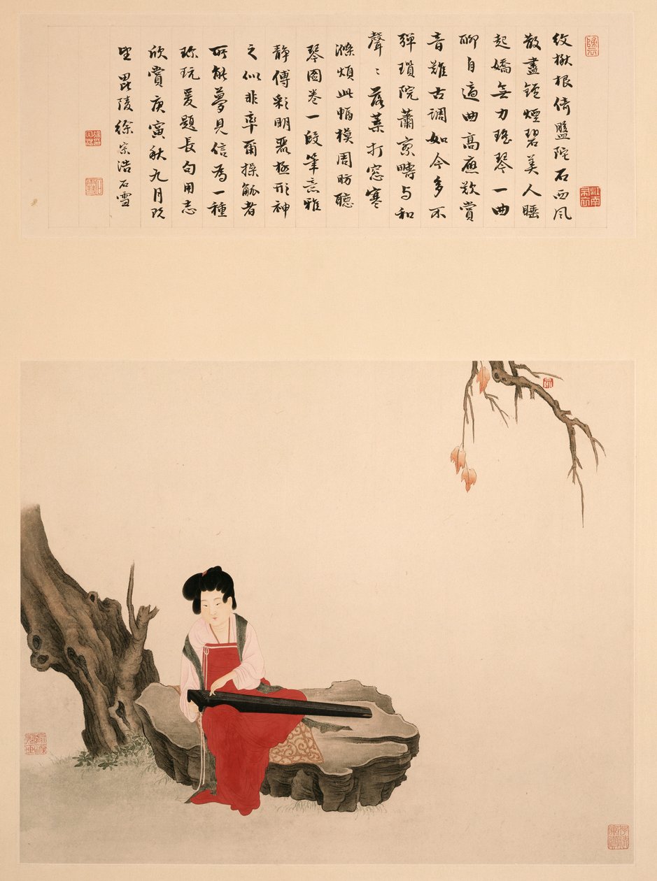 Senhora sentada em uma rocha jogando um Qin (pergaminho, montado e emoldurado, tinta e cor no papel) de Ming Yu