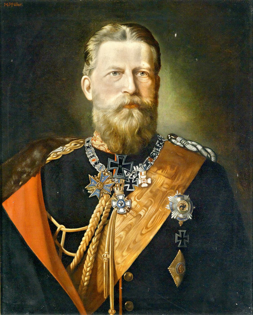 Imperador Frederico III, rei da Prússia; Retrato em uniforme de marechal de campo com decoração religiosa de Minna Pfüller