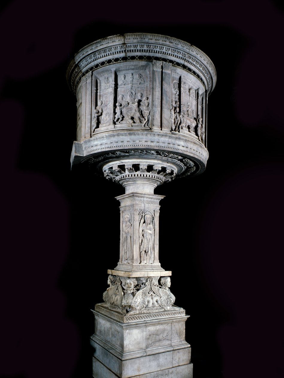 Arte Renascentista: Cadeira de Pasquino di Matteo (1425-1485), esculpida por Mino da Fiesole (1429-1484) e Antonio Rossellino (1427-1479) (púlpito em mármore branco (1469-1473) com relevos de Antonio Rossellino e Mino da Fiesole) de Mino da Fiesole