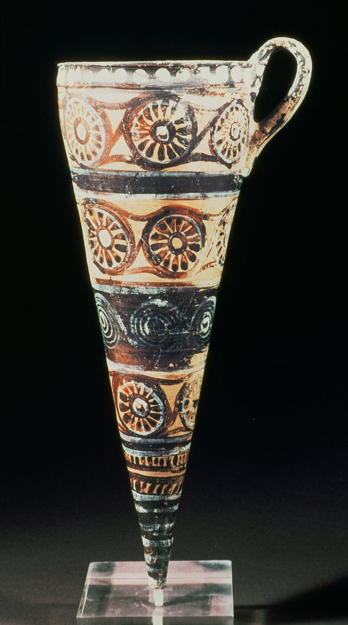 Rhyton cônico, retirado de Akrotiri na ilha de Thera (Santorini) no sul das Cíclades, c.1500 aC (argila policromada) de Minoan