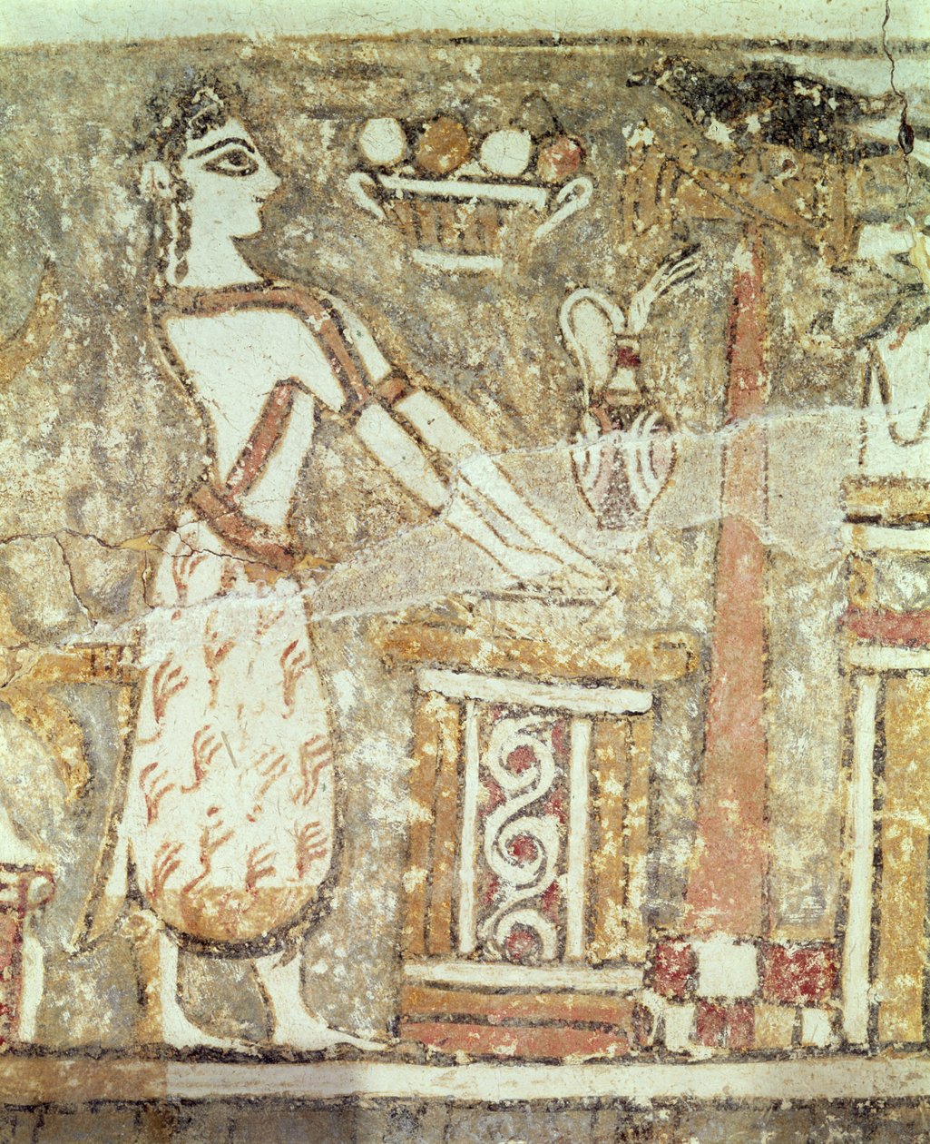 Sacerdotisa em um altar, detalhe de um sarcófago de um túmulo em Ayia Triada, Creta, final do período minóico, c.1390 aC (gesso pintado em calcário) de Minoan