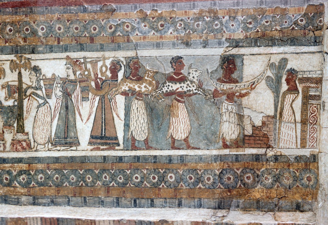Detalhe, afresco no sarcófago de Hagia Triada de Minoan