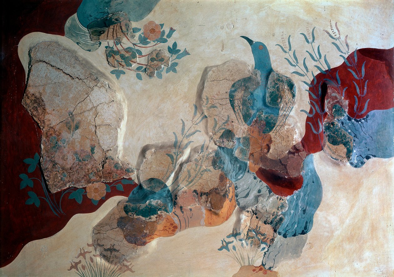 Arte Minoana: "Fragmento de afresco da Casa dos Frescos. 1500 AC. Heraclion, Museu Arqueológico, Creta - Arte minóica: ave azul. Fragmento do fresco mostrando uma ave entre rochas, rosas selvagens e íris, da Casa do Fresco. de Minoan