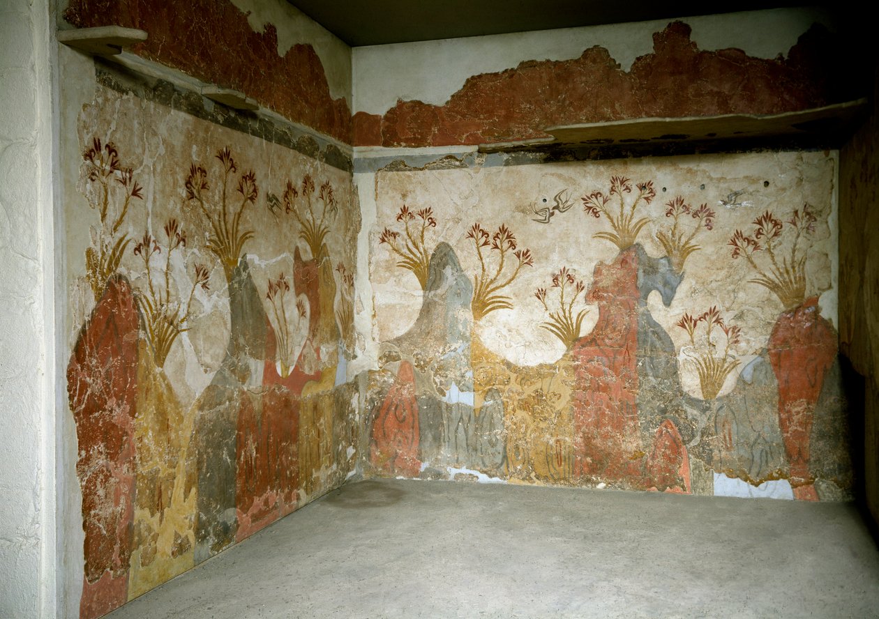 Arte Minoana: "Primavera" Frescos de Akrotiri a Santorini. Século XVI a.C. Athenes, Museu Nacional de Arqueologia - Arte Minoana: a primavera. Frescoes de Akrotiri, Santorini. Século XVI a.C. Museu Nacional de Arqueologia, Atenas, Grécia. de Minoan