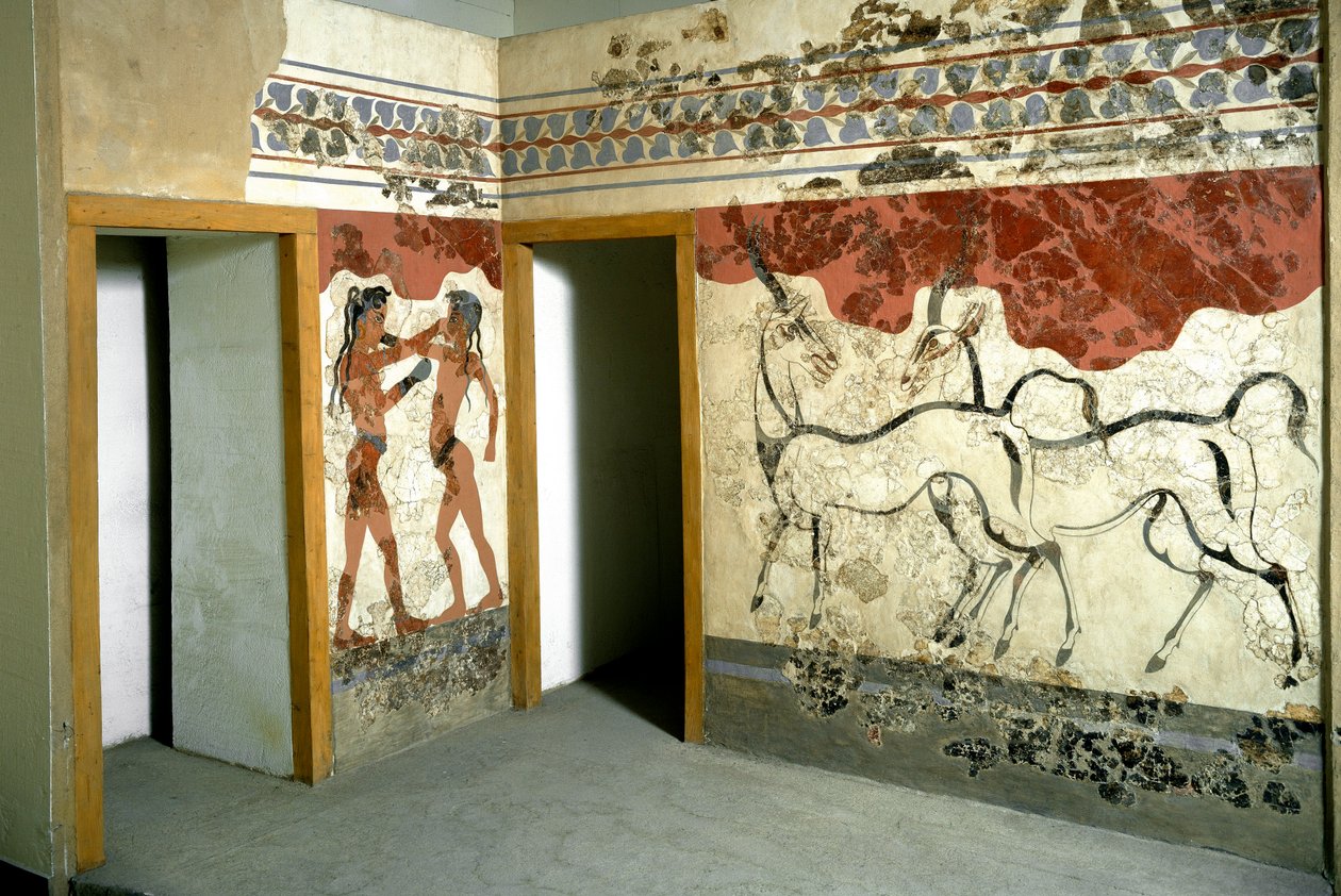Arte Minoana: "Animais e lutadores de luta" Fresco de Akrotiri em Santorini. Século XVI a.C. Athenes, Museu Nacional de Arqueologia de Minoan