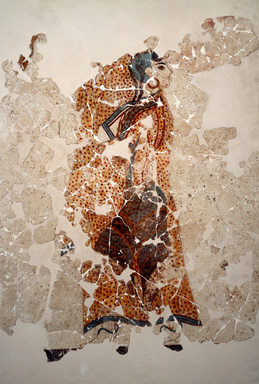 Civilização minóica: mulheres em adoração. Detalhe. Fresco da bacia lustral do Xeste 3 em Akrotiri (Thera), Santorini. Dim. 143x381 cm Século XVI a.C. Santorini, Coleção de afrescos de Akrotiri a Thera. de Minoan