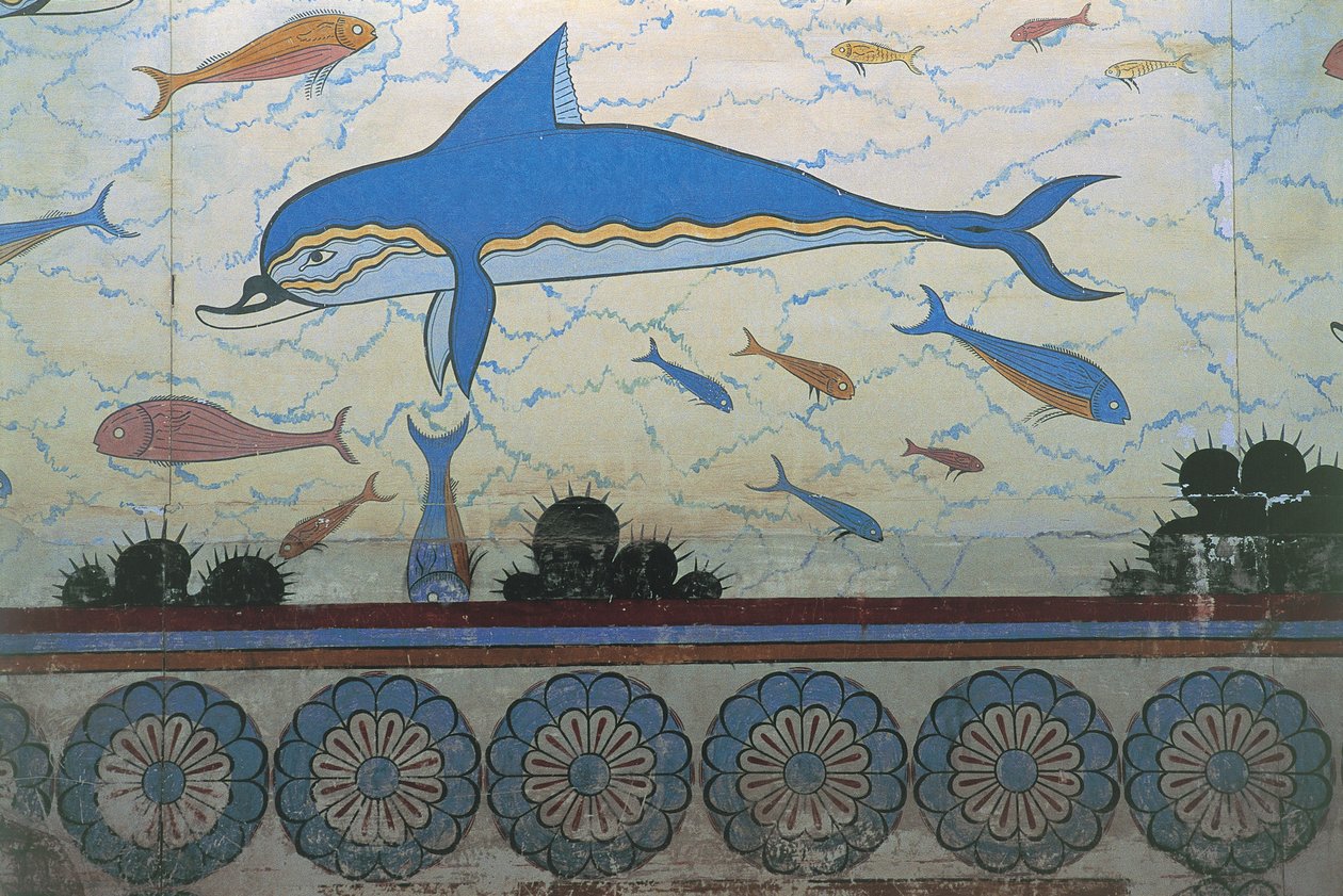 Grande plano de um mural num palácio, Palácio de Minos, Knossos, Creta, Grécia de Minoan