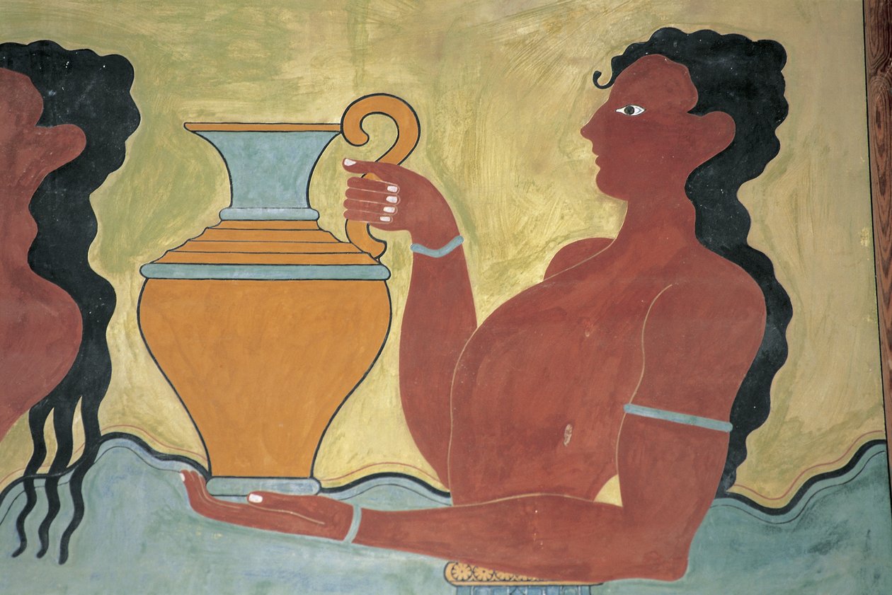 Grande plano de um mural na parede de um palácio, Palácio de Minos, Knossos, Creta, Grécia de Minoan