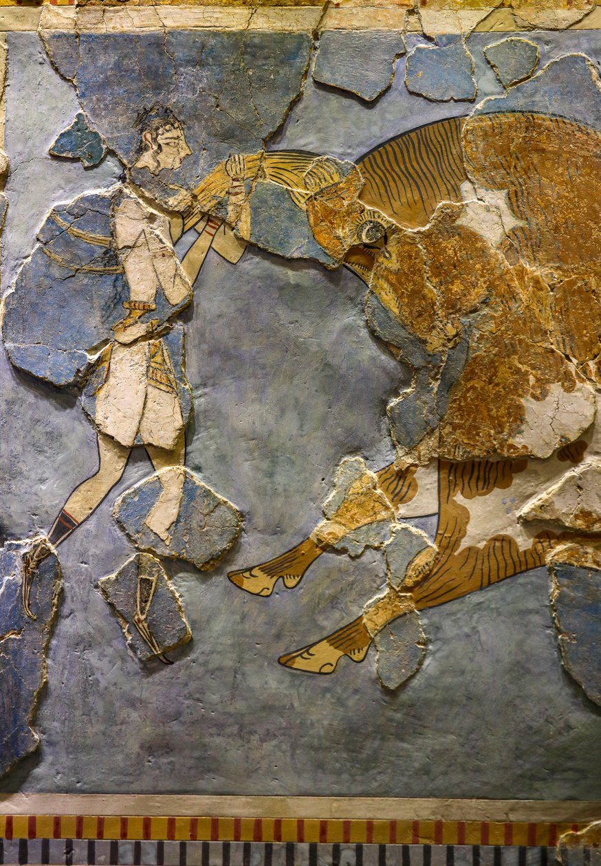Detalhe do touro pulando afresco. Encontrado em Knossos de Minoan