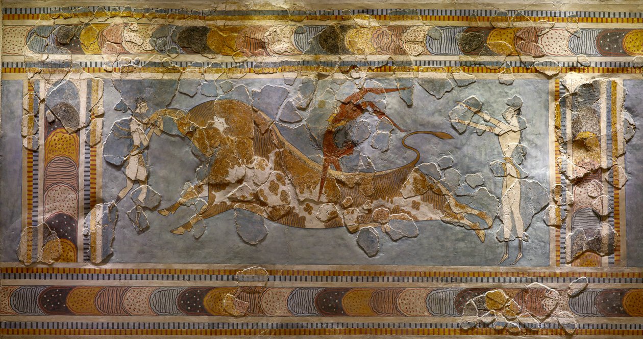 Detalhe do touro pulando afresco. Encontrado em Knossos de Minoan