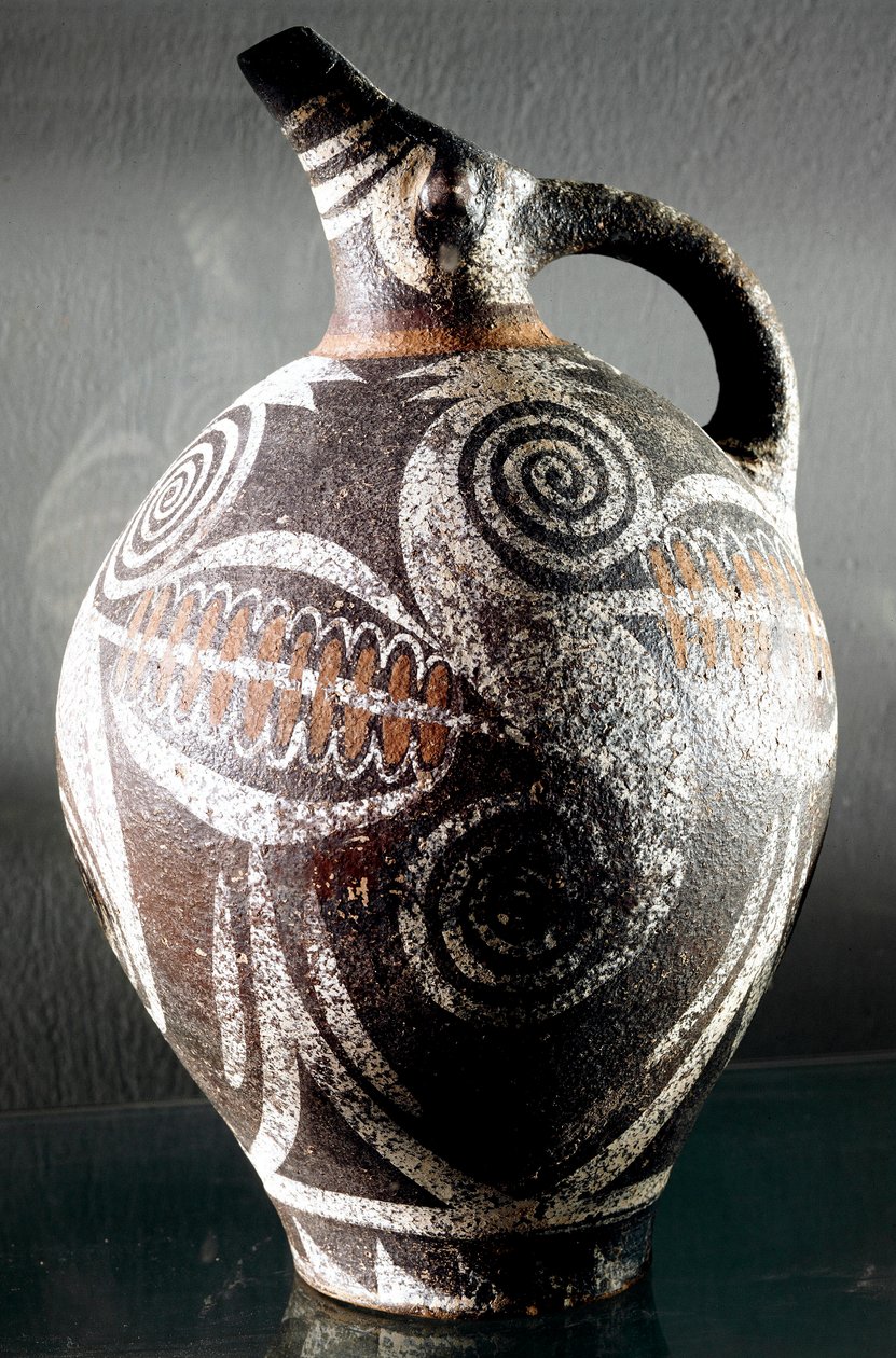 Minoan art: jarro de cerâmica decorado com desenhos policromados. De Phaistos (Phaistos ou Festo). Dim. Museu Arqueológico de 27 cm, Heraklion, Creta de Minoan
