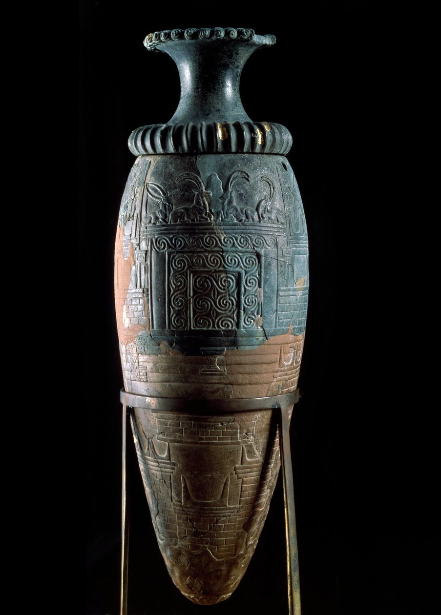 Minoan art: rhython ou rhyton ou rython (vaso de vestuário) em pedra verde. de Zakros, Creta. Heraklion, Museu Arqueológico de Minoan