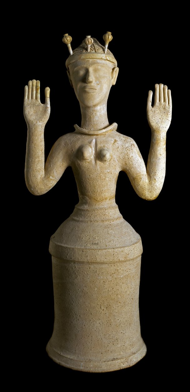 Arte minóica: estátua em terracota da Deusa das Papoilas, divindade do sono ou da morte. Do santuário de Gazi, Creta. 1350 AC. Dim. 79 cm Heraklion, museu arqueológico nacional - Arte minóica: figura de terracota da Deusa das Papoilas, divindade do sono ou de Minoan