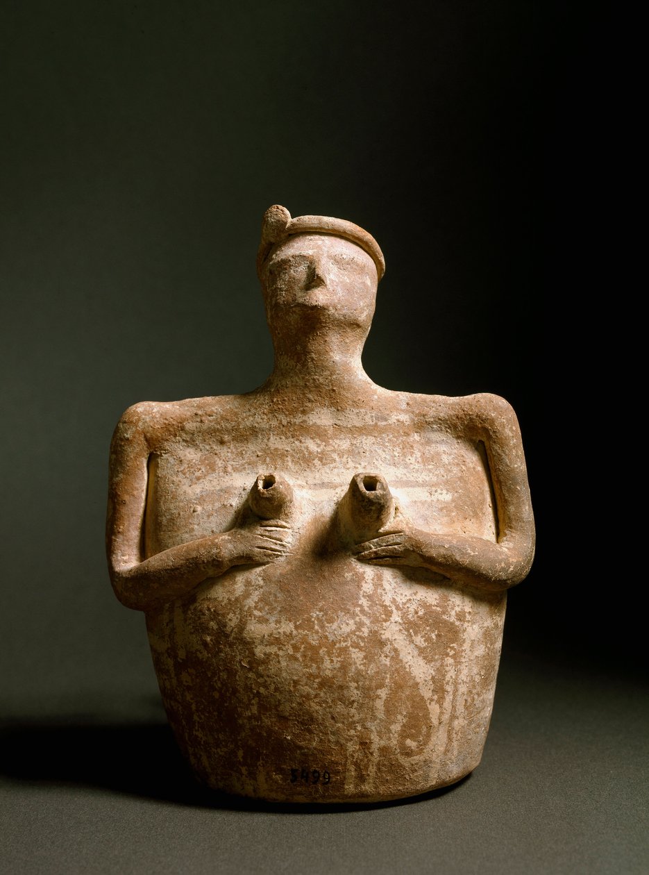 Arte minóica: vaso de terracota com a forma de uma mulher que apoia o peito. Do santuário de Piskokephalo, em Creta. 1700-1450 AC. Heraklion, Museu Arqueológico de Minoan