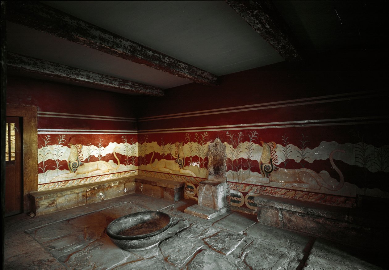 Civilização Minoana: vista da sala do trono do palácio do rei Minos em Cnossos (Knossos). de Minoan