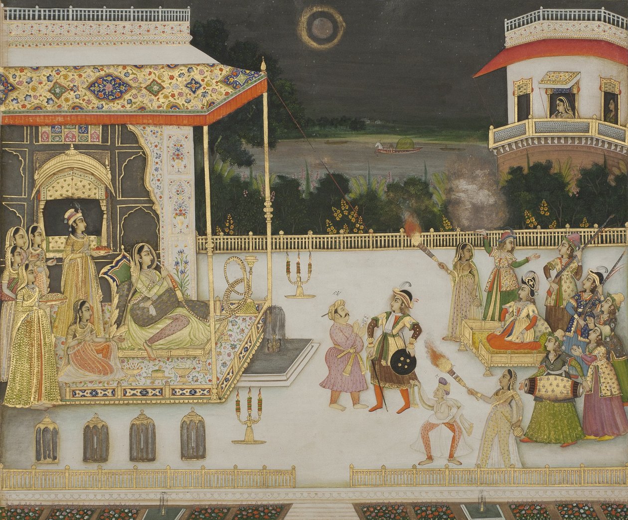 Rainha Udham Bai entreter, 1742 (wc opaca e ouro no papel) de Mir Miran