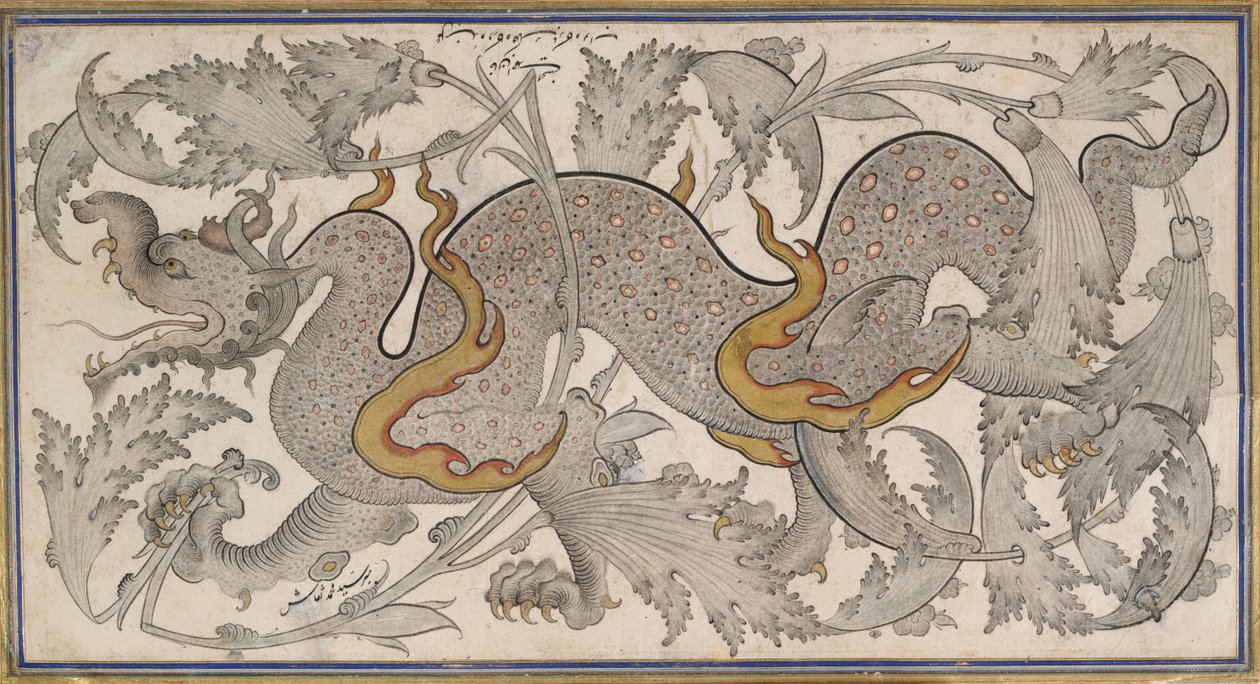 Dragão em folhagem (desenho, reto); caligrafia, (verso) de Mir Sayyid Muhammad Naqqash