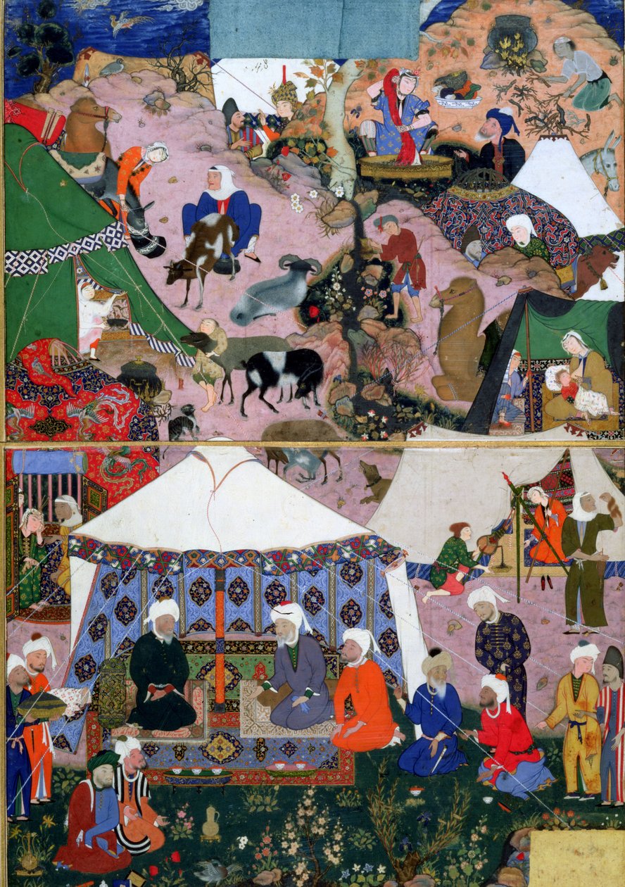 Acampamento Nômade, de um Khamsa (Quinteto) por Nizami, Tabriz, Leste do Azerbaijão, Persa, Dinastia Safávida, 1539-43 (wc opaco e ouro sobre papel) de Mir SayyidAli attr. to Mir SayyidAli attr. to