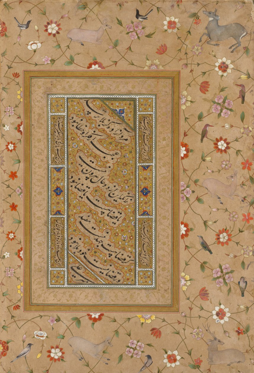 Página do álbum Late Shah Jahan: Caligrafia persa emoldurada por uma borda ornamental de flores e pássaros de Mir 