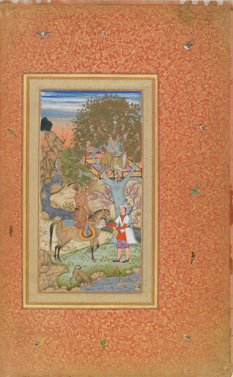 Príncipe a cavalo oferecendo vinho a um jovem, c.1600 (aguarela, tinta, ouro sobre papel) de Mir Ali Al Husayni