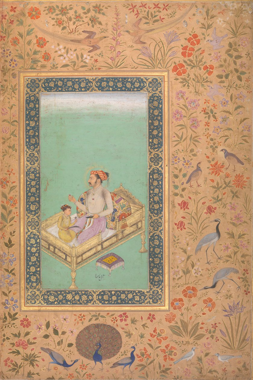 O imperador Shah Jahan com seu filho Dara Shikoh, Folio do álbum Shah Jahan, Verso: Ca.1620 de Mir 