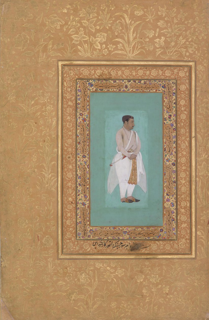 reto: Retrato de Raja Suraj Singh Rathor, verso: Página de Caligrafia..., reto: final do século XVI de Mir 